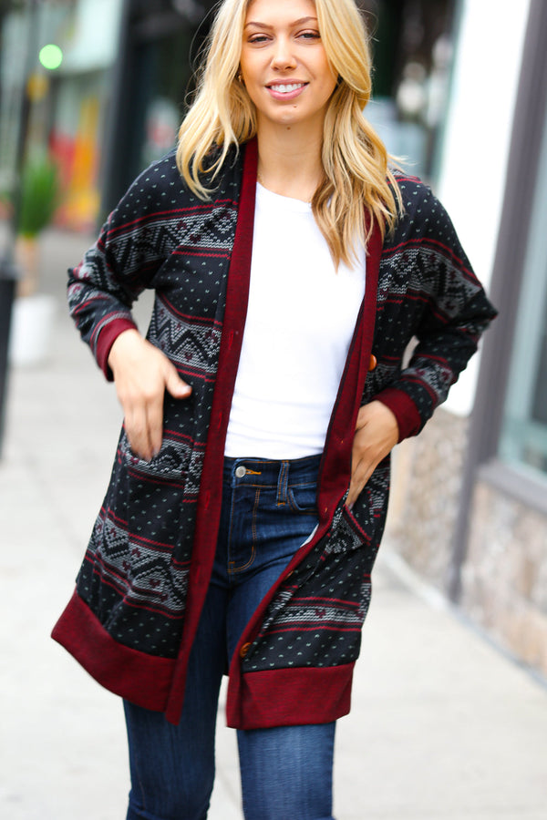 Classic Burgundy Holiday Print Button Cardigan - Coeur de la Mode