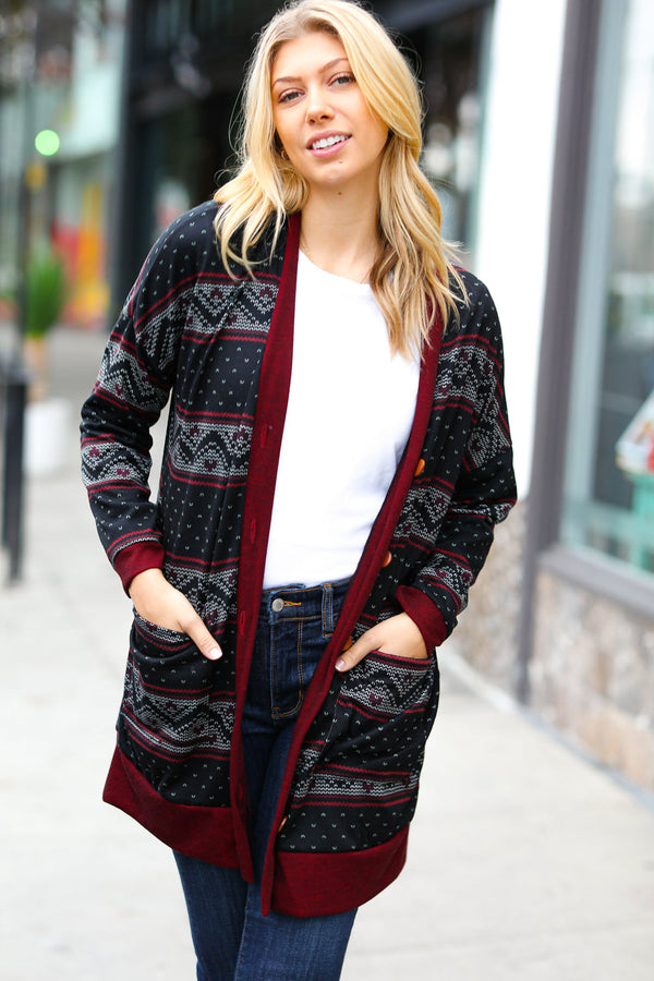 Classic Burgundy Holiday Print Button Cardigan - Coeur de la Mode