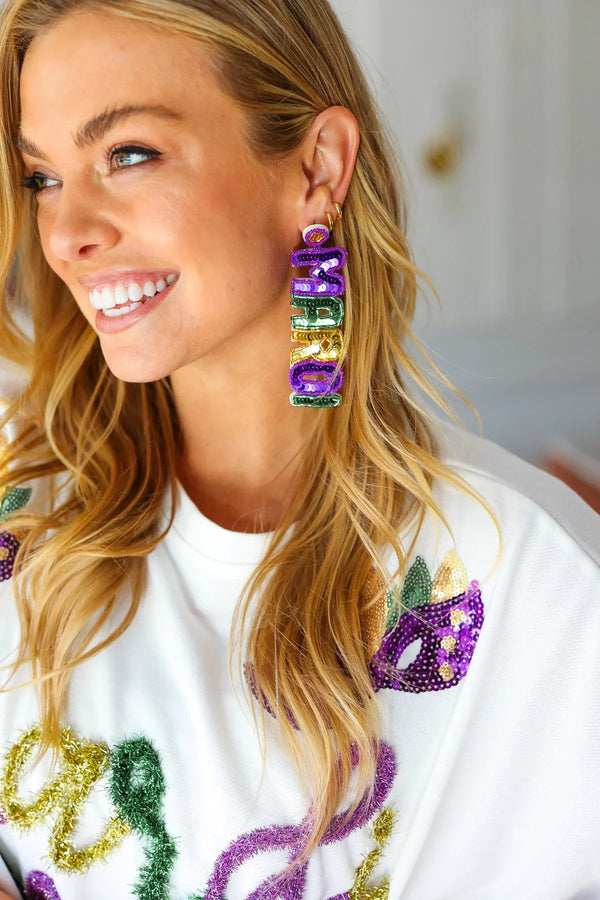 Mardi Gras Sequin & Beaded Dangle Earrings - Coeur de la Mode