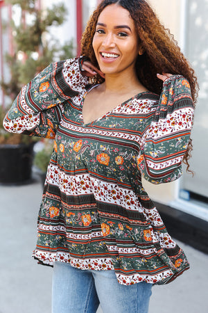 Beautiful You Green Floral Stripe Woven Blouse - Coeur de la Mode