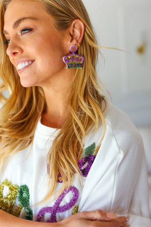 Mardi Gras Sequin & Beaded Crown Dangle Earrings - Coeur de la Mode