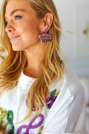 Mardi Gras Sequin & Beaded Crown Dangle Earrings - Coeur de la Mode