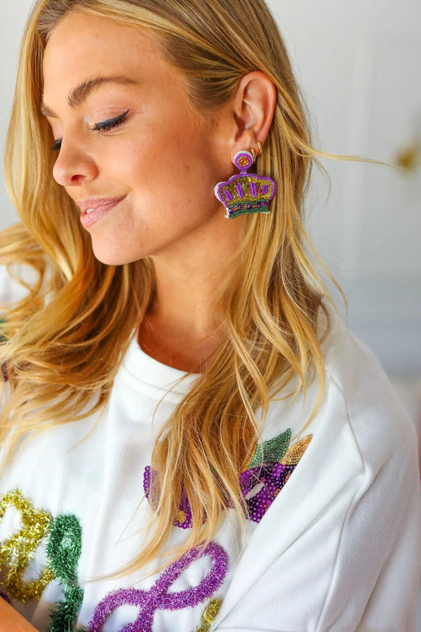 Mardi Gras Sequin & Beaded Crown Dangle Earrings - Coeur de la Mode