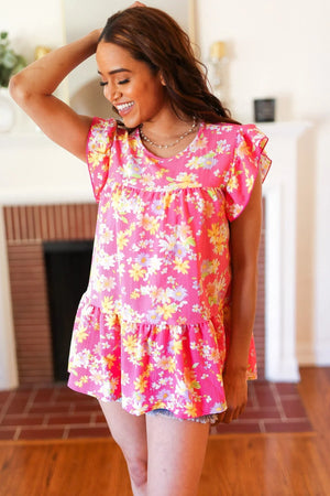 Diva Pink Floral Yoke Flutter Sleeve Keyhole Back Top - Coeur de la Mode