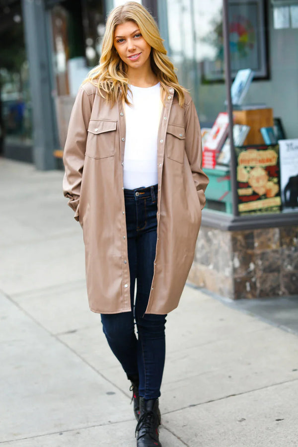 Dark Beige Veagan Leather Snap Button Shirt Jacket - Coeur de la Mode