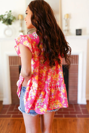 Diva Pink Floral Yoke Flutter Sleeve Keyhole Back Top - Coeur de la Mode
