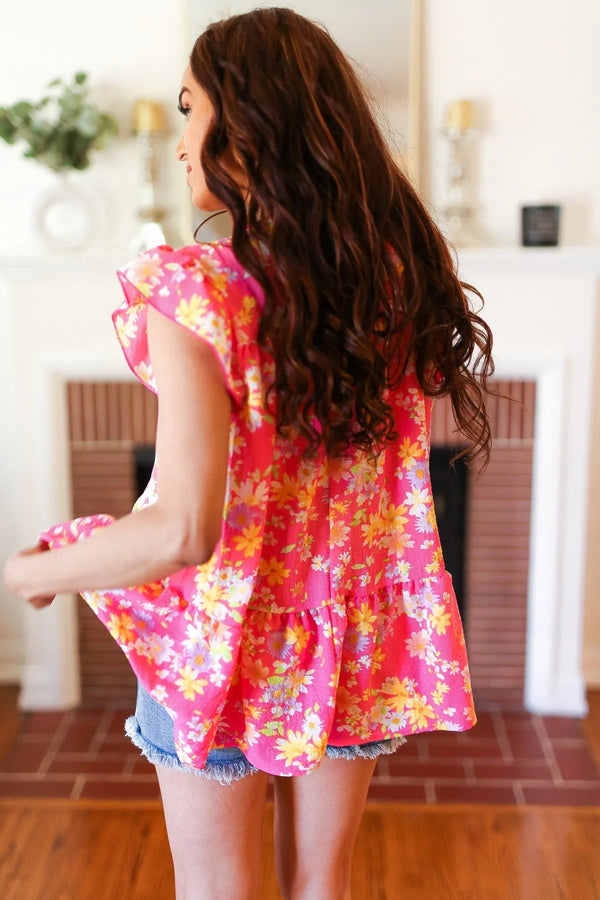 Diva Pink Floral Yoke Flutter Sleeve Keyhole Back Top - Coeur de la Mode