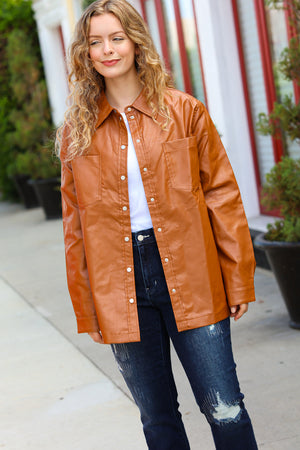Open Your Heart Rust Vegan Leather Snap Button Shacket - Coeur de la Mode