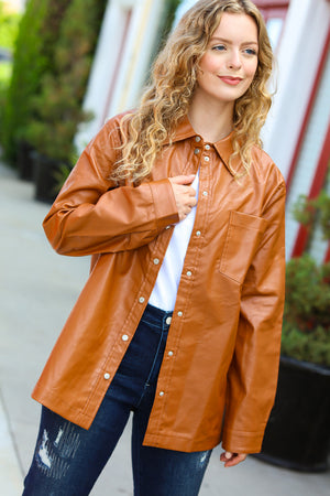 Open Your Heart Rust Vegan Leather Snap Button Shacket - Coeur de la Mode