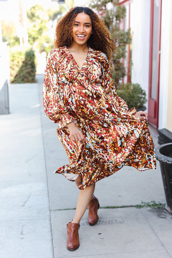 Feeling Femme Mocha Floral Print V Neck Satin Maxi Dress - Coeur de la Mode