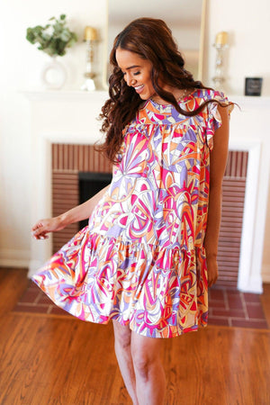 Multicolor Geometric Midi Flutter Sleeve Dress - Coeur de la Mode