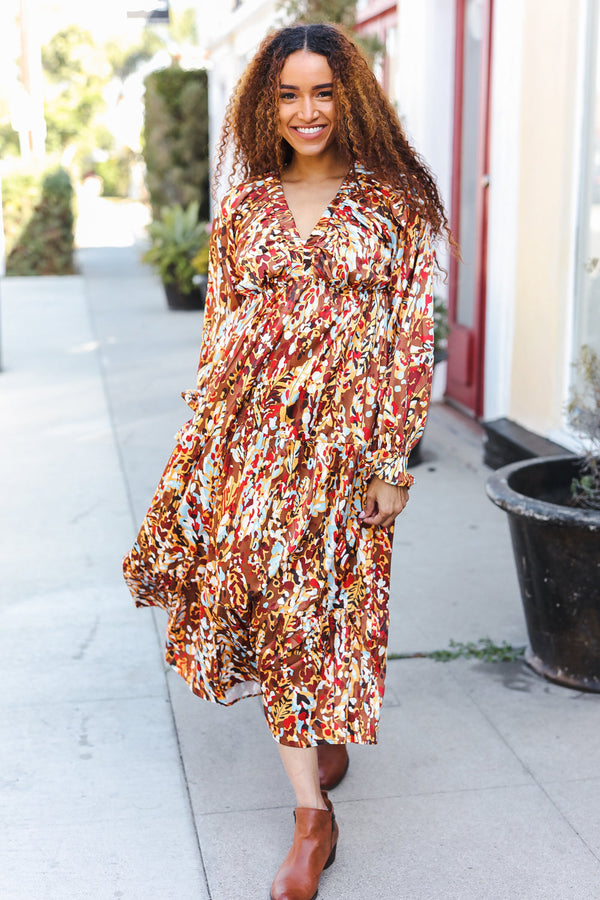 Feeling Femme Mocha Floral Print V Neck Satin Maxi Dress - Coeur de la Mode