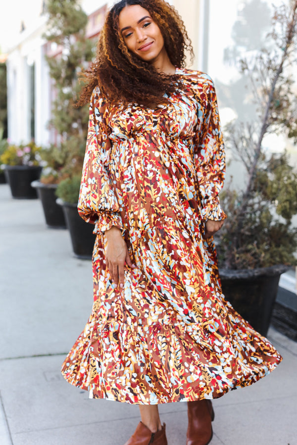 Feeling Femme Mocha Floral Print V Neck Satin Maxi Dress - Coeur de la Mode