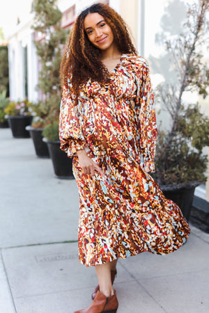 Feeling Femme Mocha Floral Print V Neck Satin Maxi Dress - Coeur de la Mode