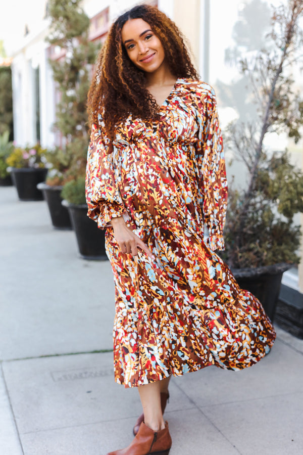 Feeling Femme Mocha Floral Print V Neck Satin Maxi Dress - Coeur de la Mode