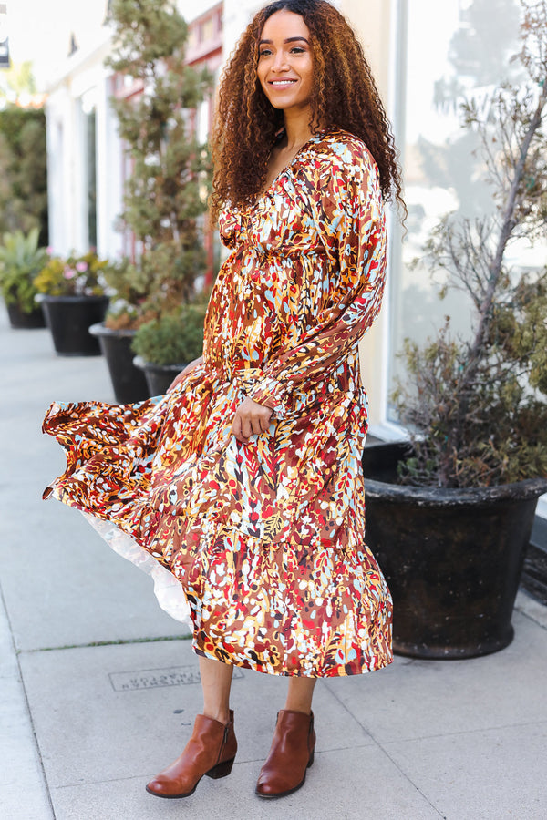 Feeling Femme Mocha Floral Print V Neck Satin Maxi Dress - Coeur de la Mode