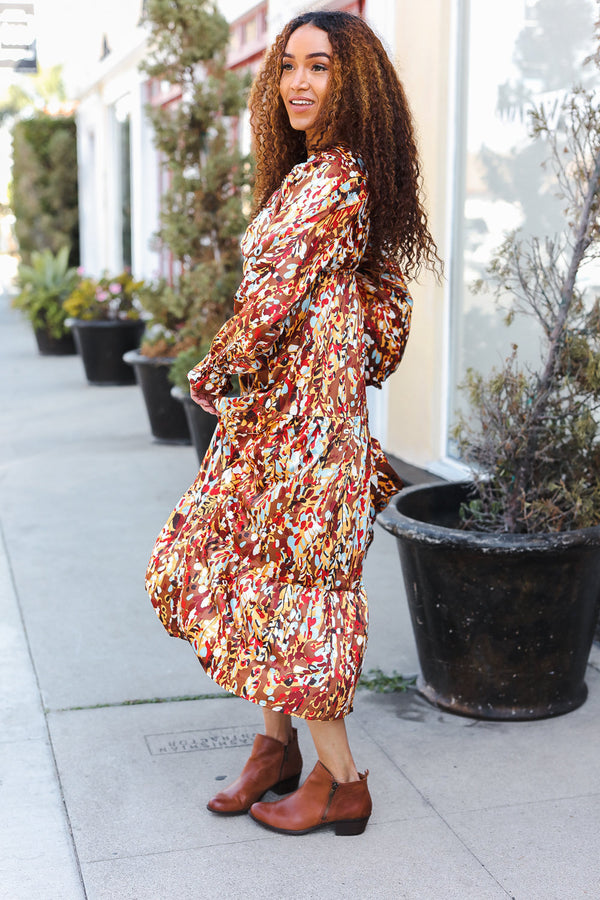 Feeling Femme Mocha Floral Print V Neck Satin Maxi Dress - Coeur de la Mode
