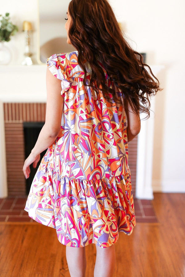 Multicolor Geometric Midi Flutter Sleeve Dress - Coeur de la Mode