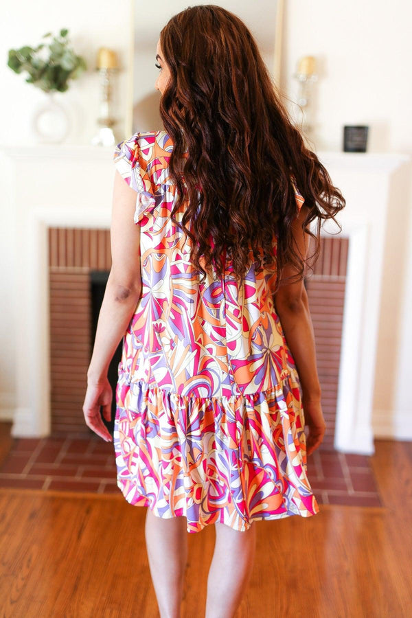 Multicolor Geometric Midi Flutter Sleeve Dress - Coeur de la Mode