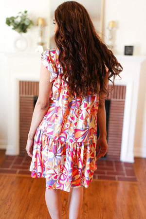 Multicolor Geometric Midi Flutter Sleeve Dress - Coeur de la Mode