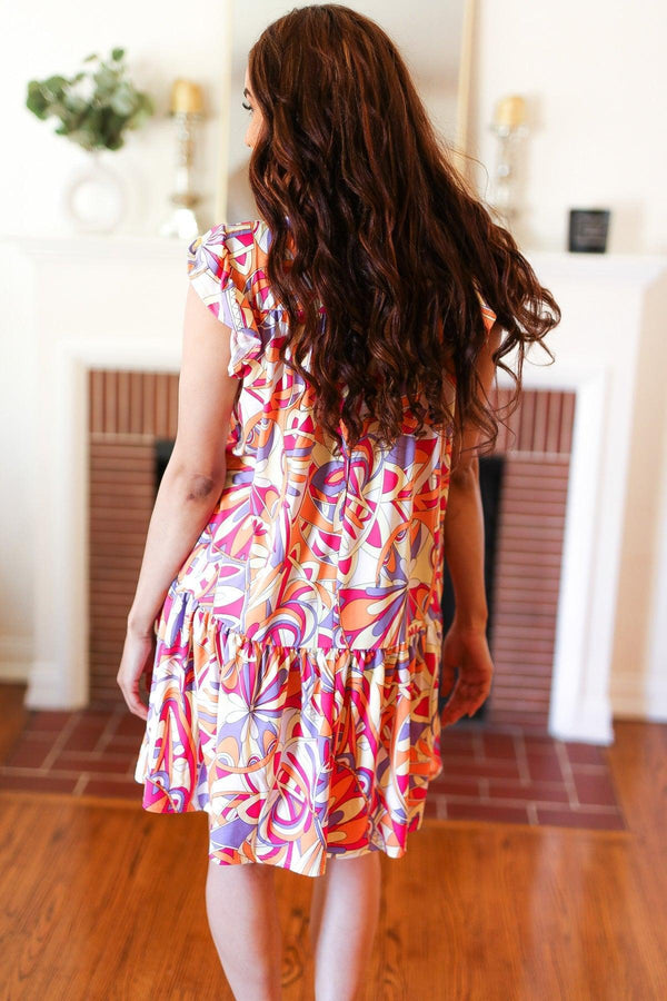 Multicolor Geometric Midi Flutter Sleeve Dress - Coeur de la Mode