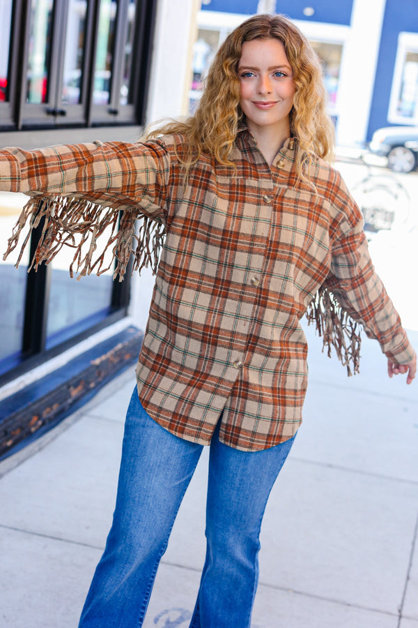 Boldly You Taupe & Rust Flannel Plaid Fringe Jacket - Coeur de la Mode