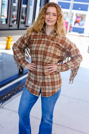 Boldly You Taupe & Rust Flannel Plaid Fringe Jacket - Coeur de la Mode