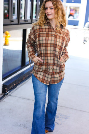 Boldly You Taupe & Rust Flannel Plaid Fringe Jacket - Coeur de la Mode