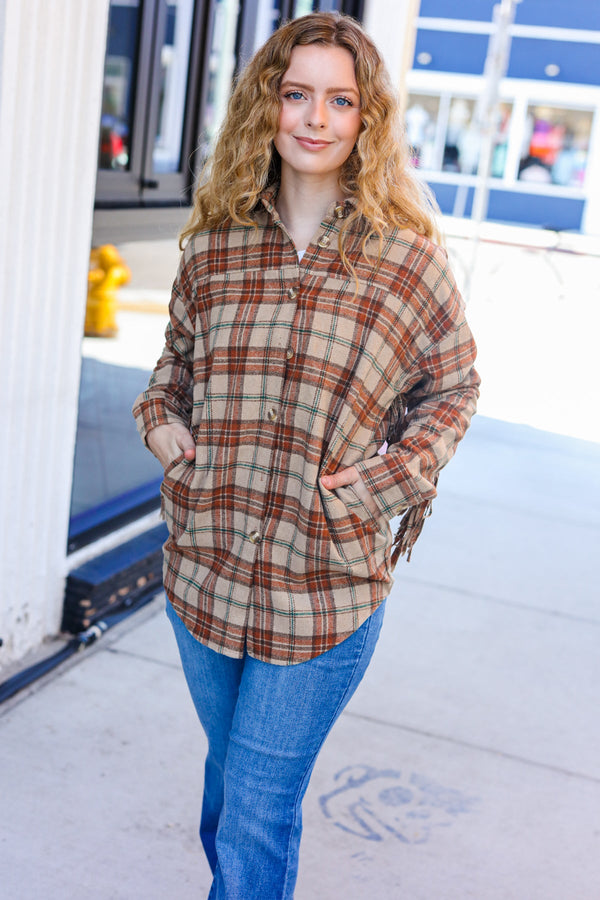 Boldly You Taupe & Rust Flannel Plaid Fringe Jacket - Coeur de la Mode