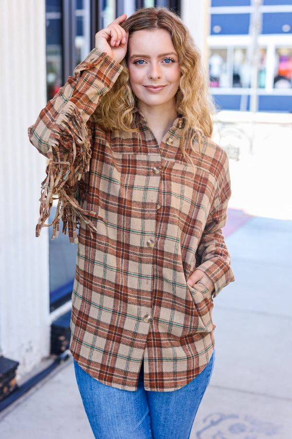 Boldly You Taupe & Rust Flannel Plaid Fringe Jacket - Coeur de la Mode