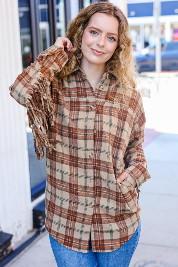 Boldly You Taupe & Rust Flannel Plaid Fringe Jacket - Coeur de la Mode