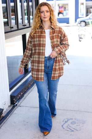 Boldly You Taupe & Rust Flannel Plaid Fringe Jacket - Coeur de la Mode