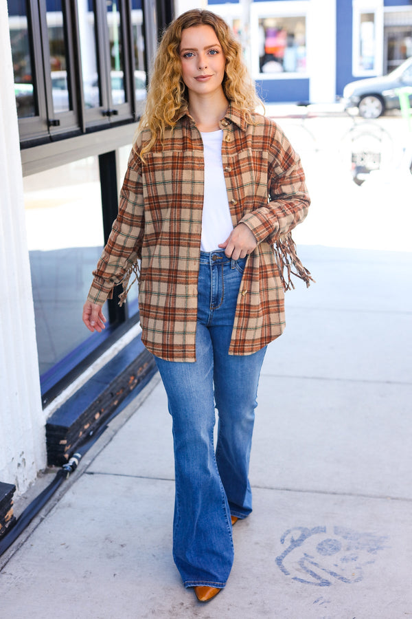 Boldly You Taupe & Rust Flannel Plaid Fringe Jacket - Coeur de la Mode