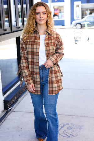Boldly You Taupe & Rust Flannel Plaid Fringe Jacket - Coeur de la Mode