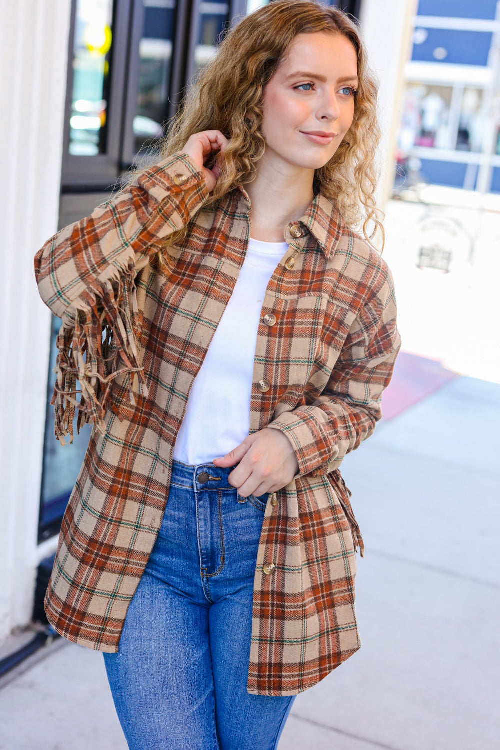 Boldly You Taupe & Rust Flannel Plaid Fringe Jacket - Coeur de la Mode