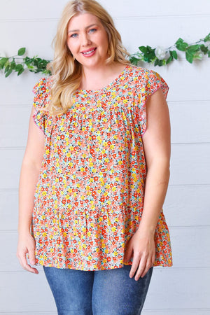 Sunset Floral Print Ruffle Tiered Keyhole Top - Coeur de la Mode