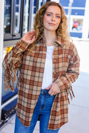 Boldly You Taupe & Rust Flannel Plaid Fringe Jacket - Coeur de la Mode