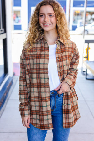 Boldly You Taupe & Rust Flannel Plaid Fringe Jacket - Coeur de la Mode