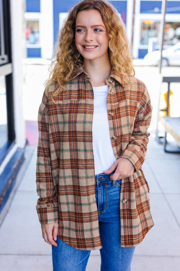 Boldly You Taupe & Rust Flannel Plaid Fringe Jacket - Coeur de la Mode