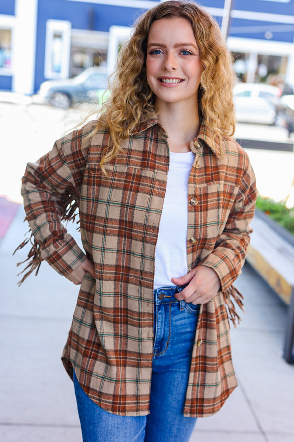 Boldly You Taupe & Rust Flannel Plaid Fringe Jacket - Coeur de la Mode