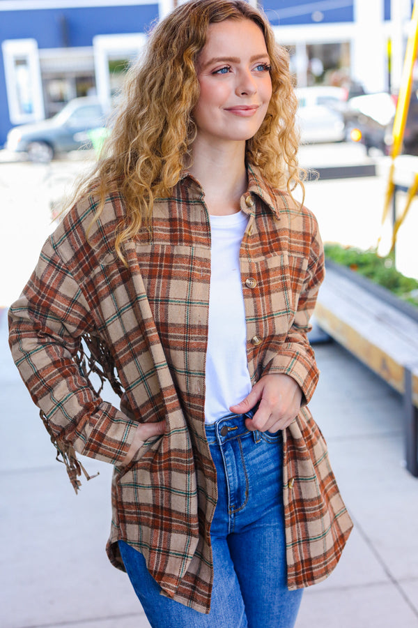 Boldly You Taupe & Rust Flannel Plaid Fringe Jacket - Coeur de la Mode