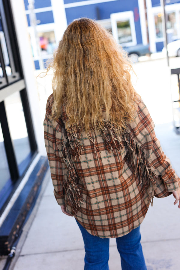 Boldly You Taupe & Rust Flannel Plaid Fringe Jacket - Coeur de la Mode