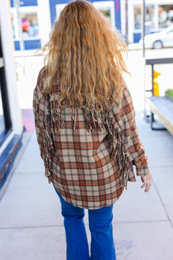 Boldly You Taupe & Rust Flannel Plaid Fringe Jacket - Coeur de la Mode