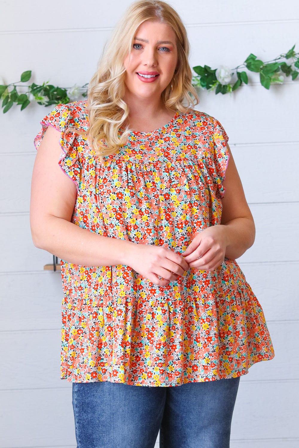 Sunset Floral Print Ruffle Tiered Keyhole Top - Coeur de la Mode