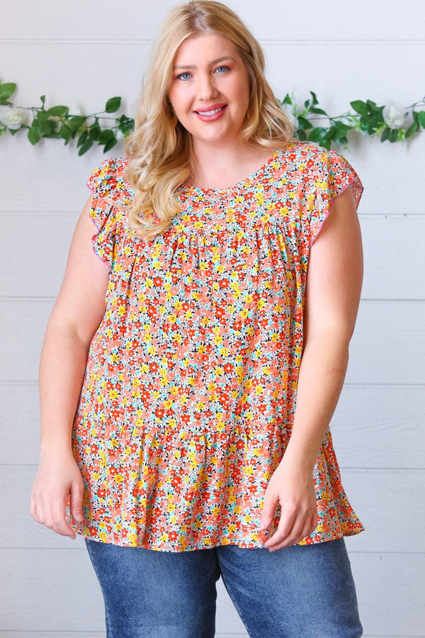 Sunset Floral Print Ruffle Tiered Keyhole Top - Coeur de la Mode