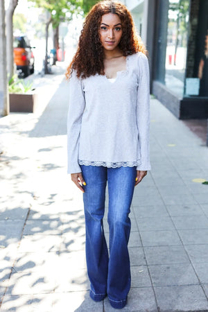 Feels Like Love Grey Lace Trim Rib Long Sleeve Top - Coeur de la Mode