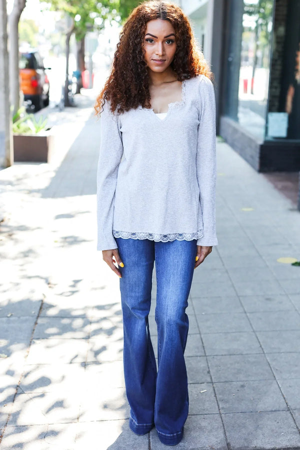 Feels Like Love Grey Lace Trim Rib Long Sleeve Top - Coeur de la Mode