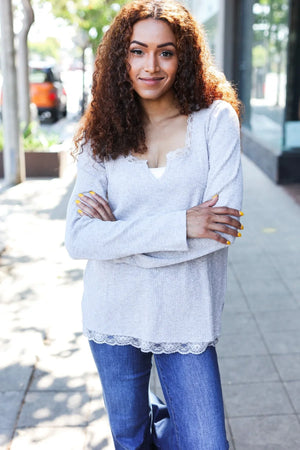 Feels Like Love Grey Lace Trim Rib Long Sleeve Top - Coeur de la Mode