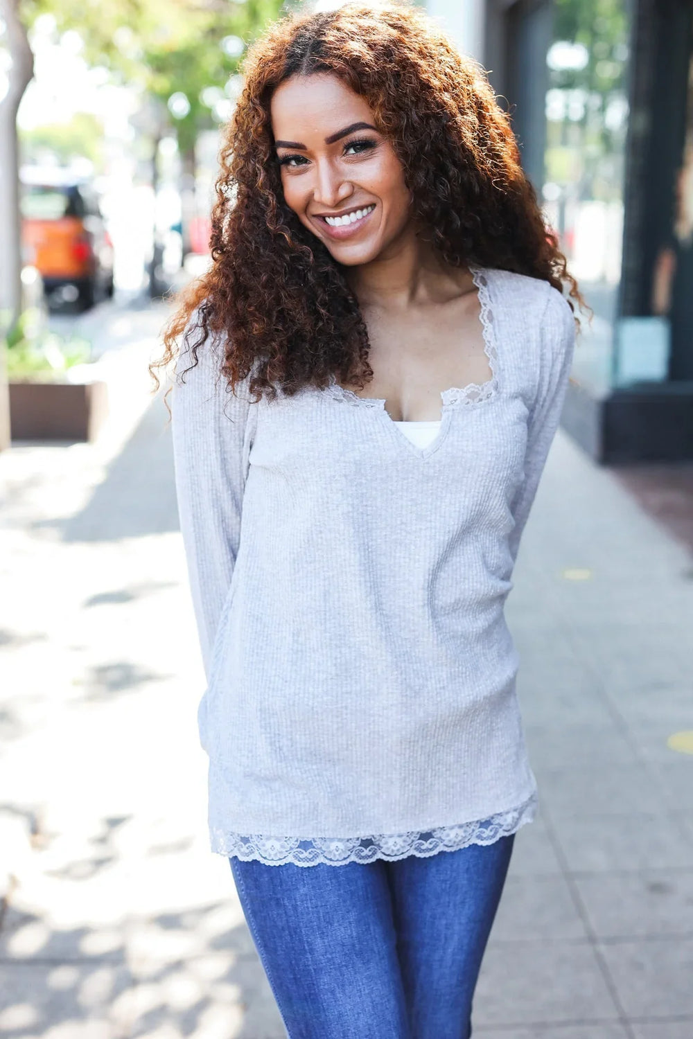 Feels Like Love Grey Lace Trim Rib Long Sleeve Top - Coeur de la Mode