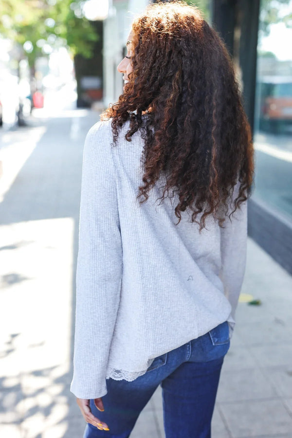 Feels Like Love Grey Lace Trim Rib Long Sleeve Top - Coeur de la Mode